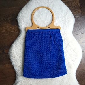 Vintage Crochet 1970s Handmade Knit Unique Royal Blue Hobo Bag Purse